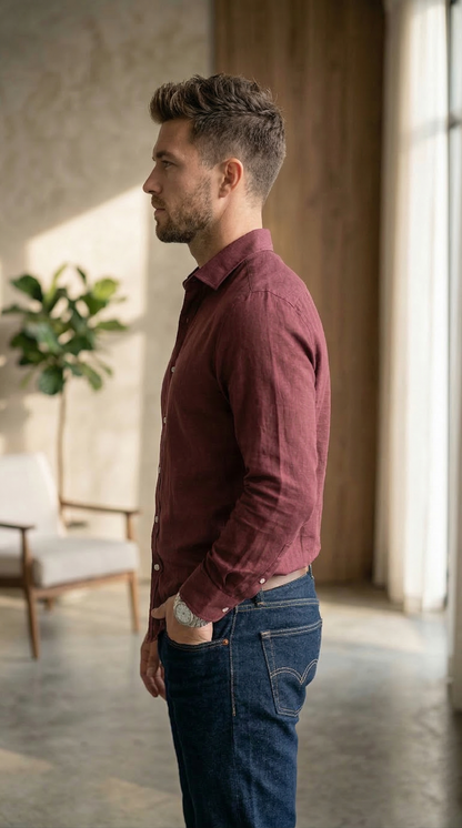 Men'sBurgundy Linen-Blend , The Elevated Casual Statement Shirt