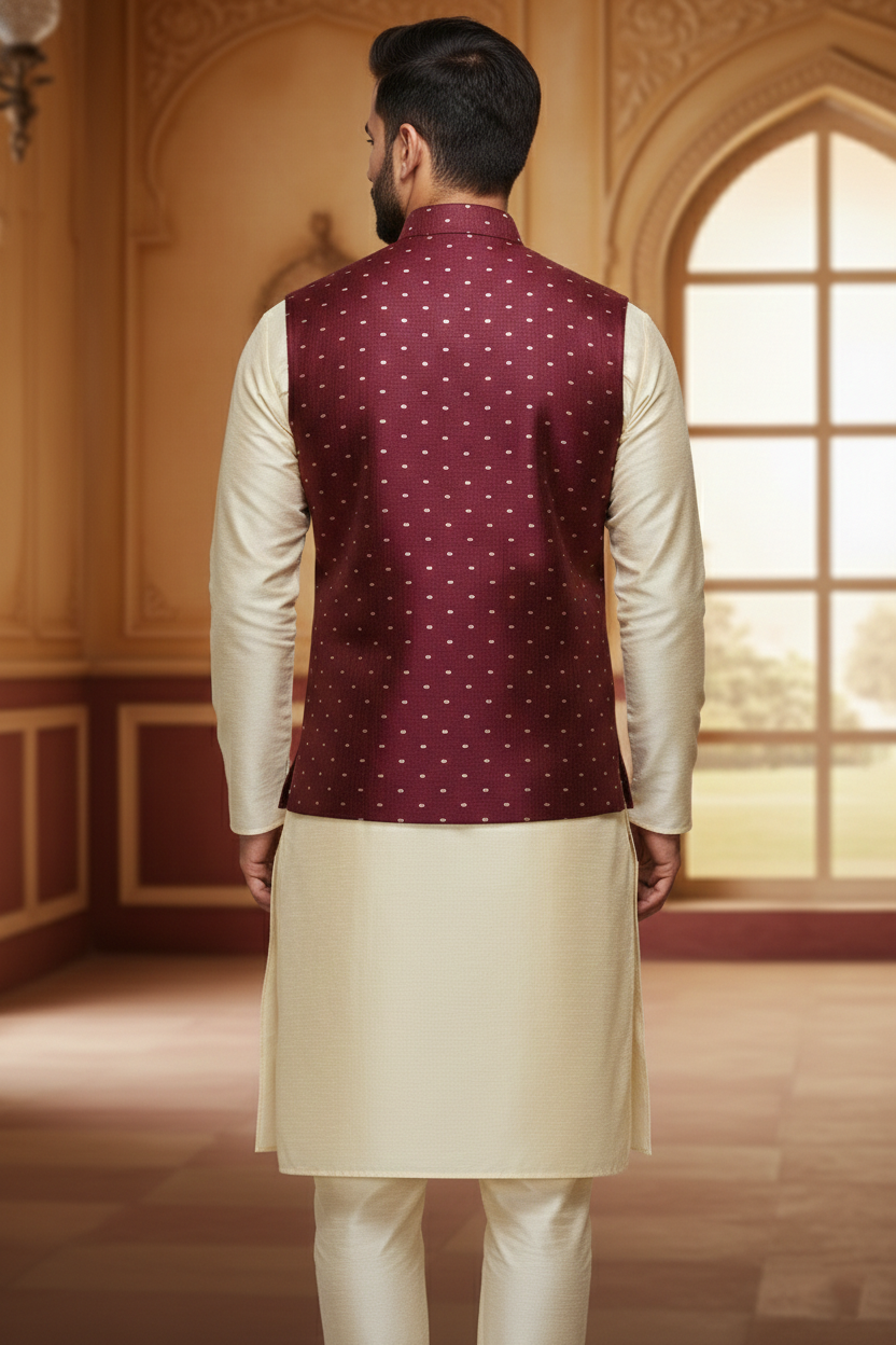 Men’s Maroon Dotted Nehru Jacket with Ivory Kurta  Pajama