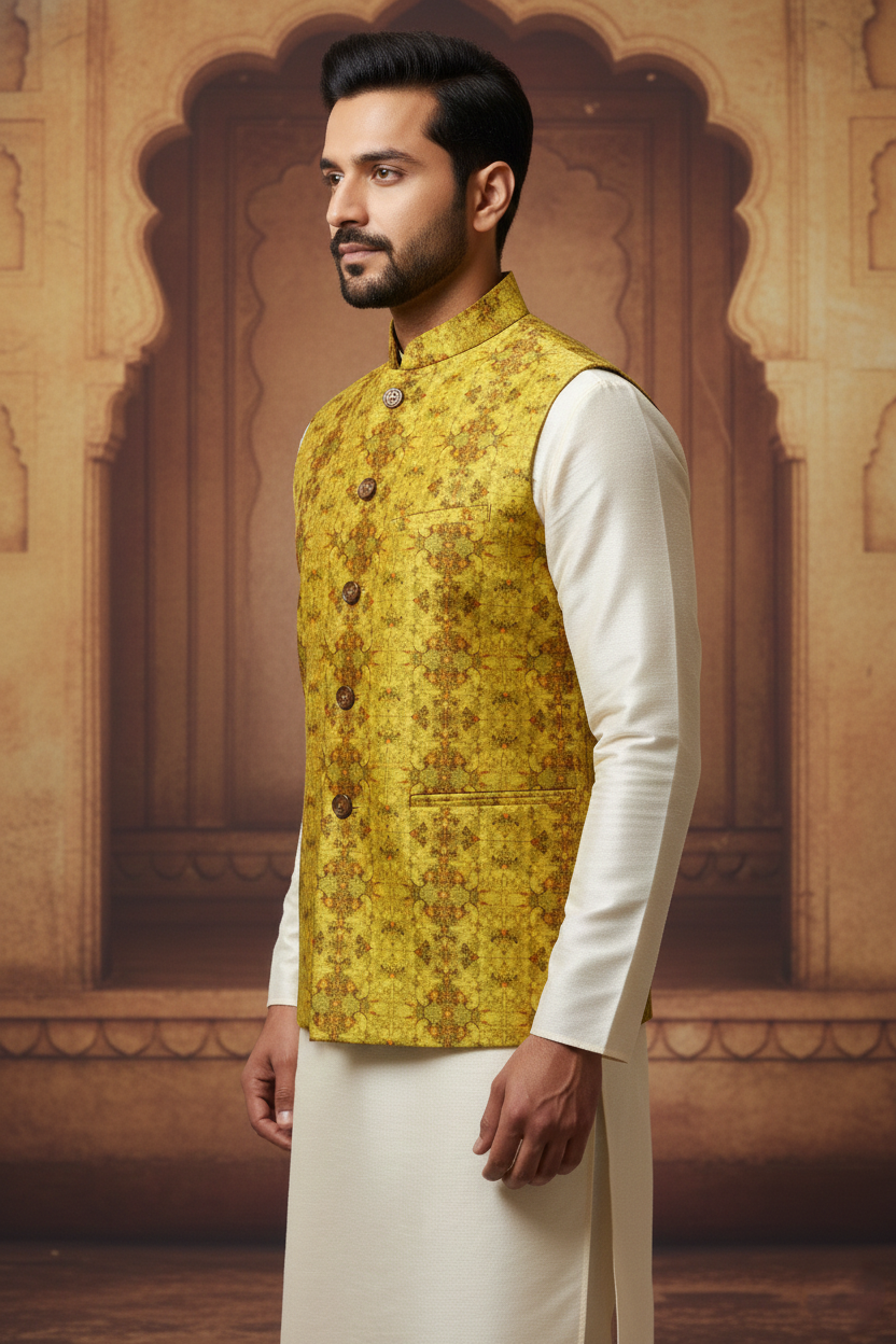Mustard Floral Brocade Nehru Jacket with Cream Kurta  Set