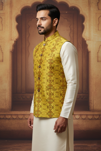 Mustard Floral Brocade Nehru Jacket with Cream Kurta  Set
