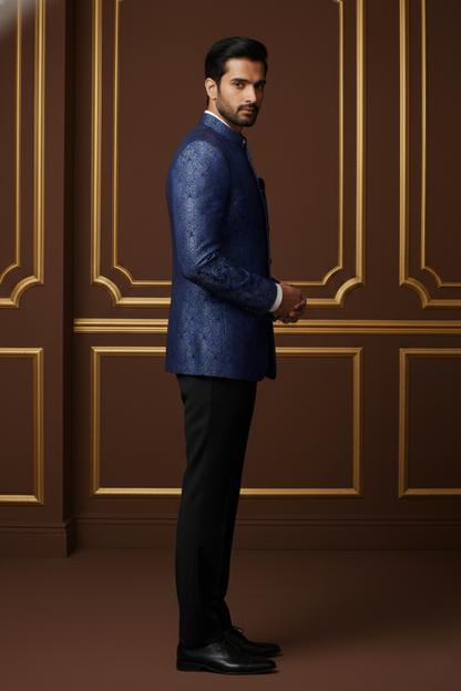Royal Blue Brocade Bandhgala Jodhpuri Blazer