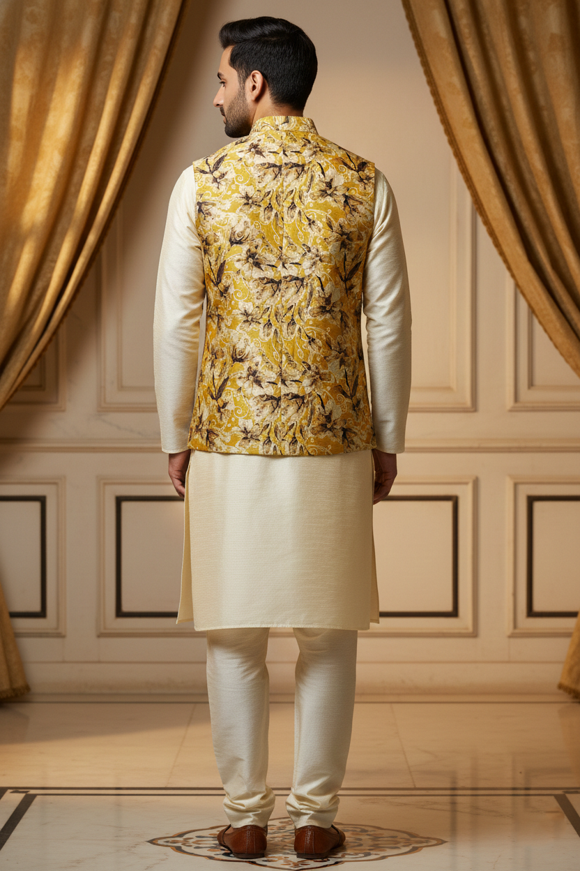 Title: Heritage Refined: The Ochre Floral Nehru Ensemble