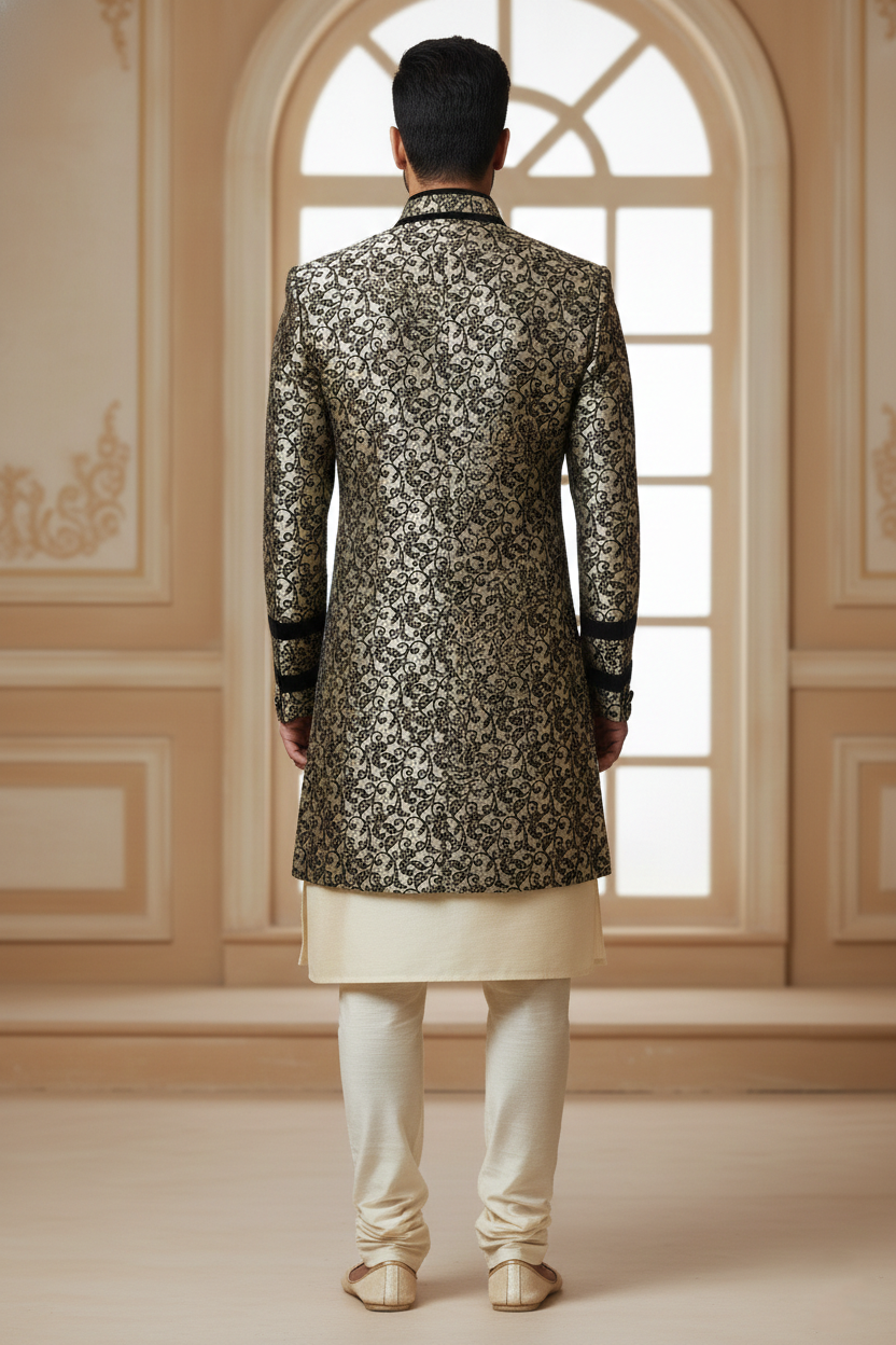 Black & Gold Floral Sherwani