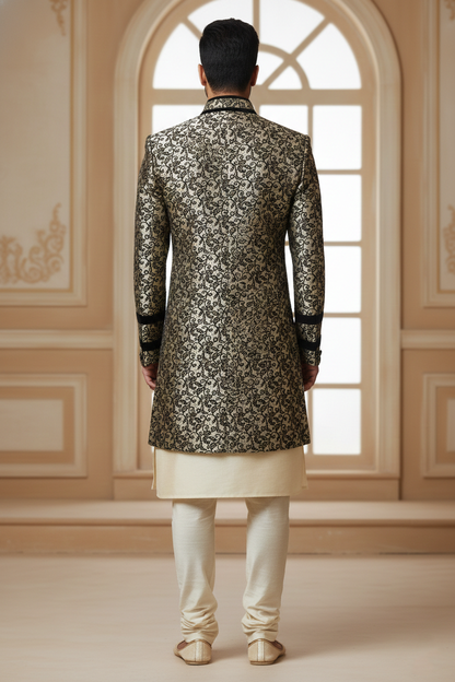 Black & Gold Floral Sherwani