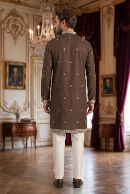 Men's Chocolate Brown Embroidered Kurta with White Trousers