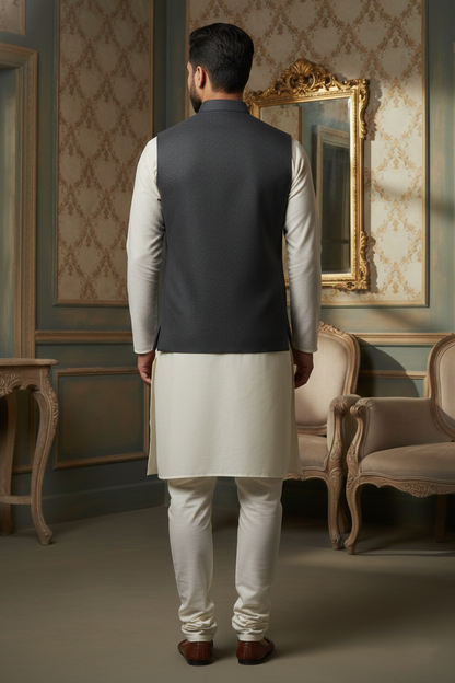 Men’s Charcoal Textured Nehru Jacket with Ivory Kurta