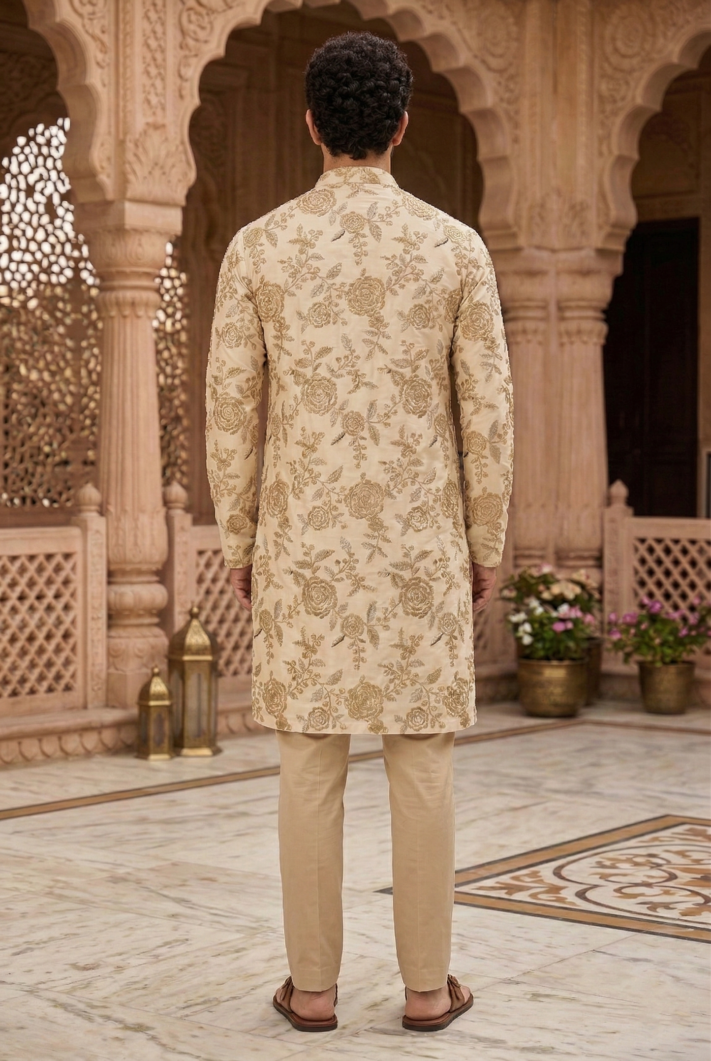 Men's Cream Floral Embroidered Partywear Kurta Pajama