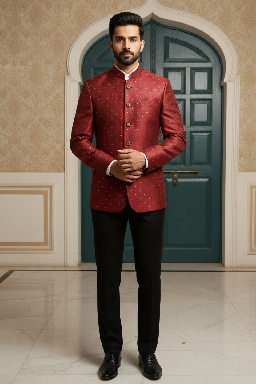 Men's Luxury Maroon Bandhgala Jodhpur Jacket , Silk-Blend Textured Ethnic Blazer with Mandarin Collar