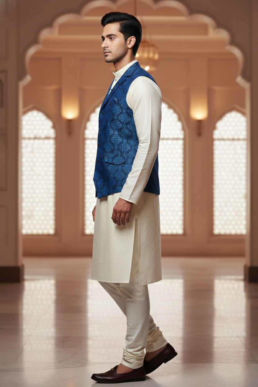 Men’s Dark Blue Jacquard Silk Waistcoat with Notch Lapel | Slim Fit Festive Vest