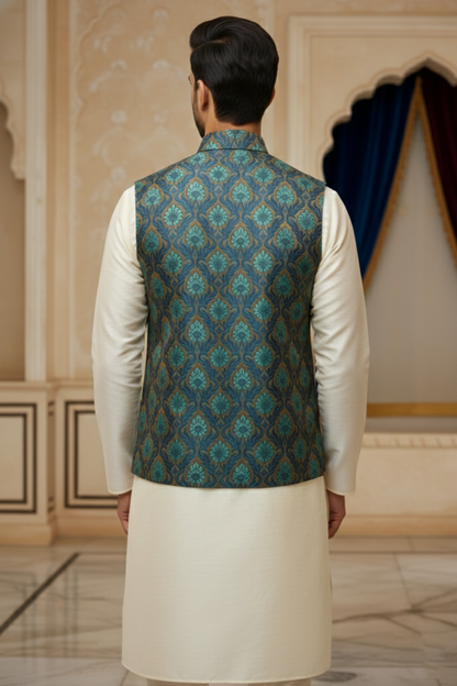 Men’s Teal Printed Nehru Jacket with Ivory Kurta