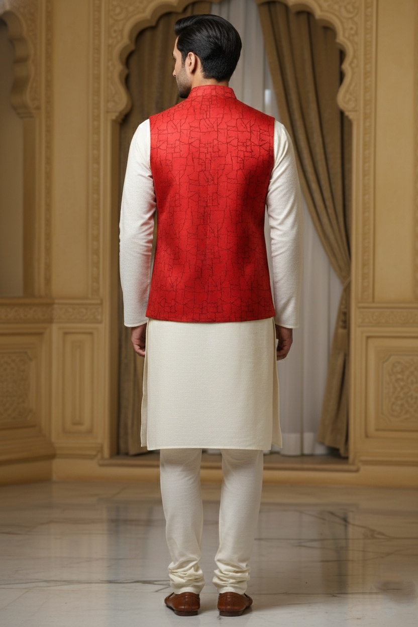Men’s Red Nehru Jacket with Black Line Work | Designer Ethnic Waistcoat