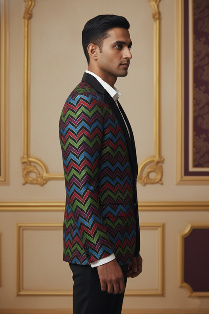 Multicolor Zigzag Double-Breasted Blazer with Satin Lapels