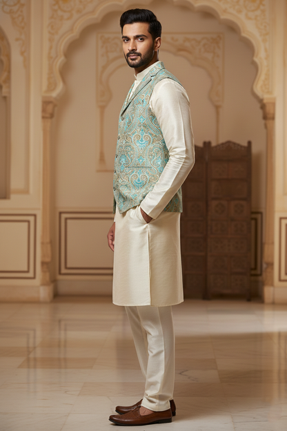 Men’s Light Blue Nehru Jacket with Embroidery Work | Ethnic Waistcoat for Wedding, Festive & Party Wear | Sleeveless Modi Jacket