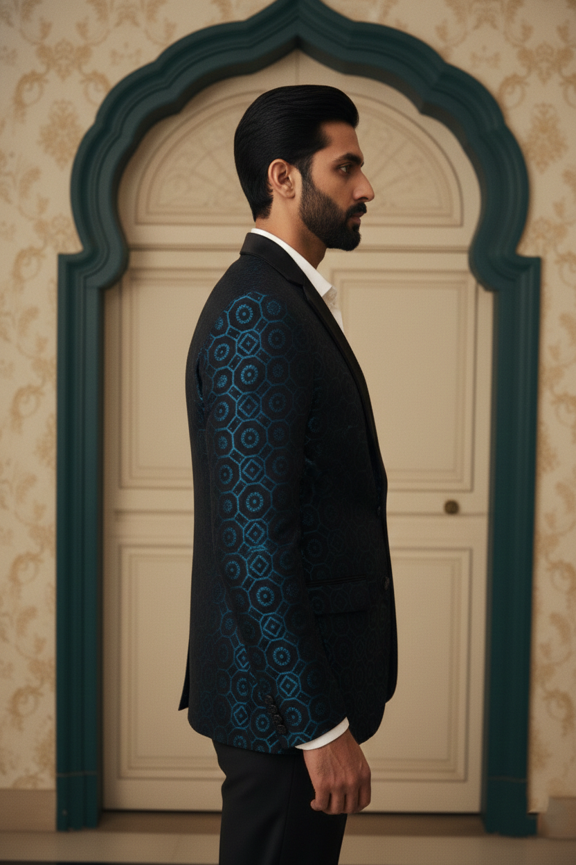 Men'sDesigner Teal & Black Geometric Jacquard Tuxedo Blazer , Premium Ethnic Evening Wear