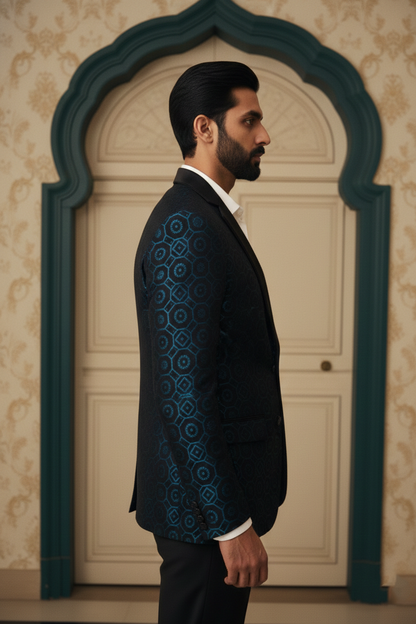 Men'sDesigner Teal & Black Geometric Jacquard Tuxedo Blazer , Premium Ethnic Evening Wear
