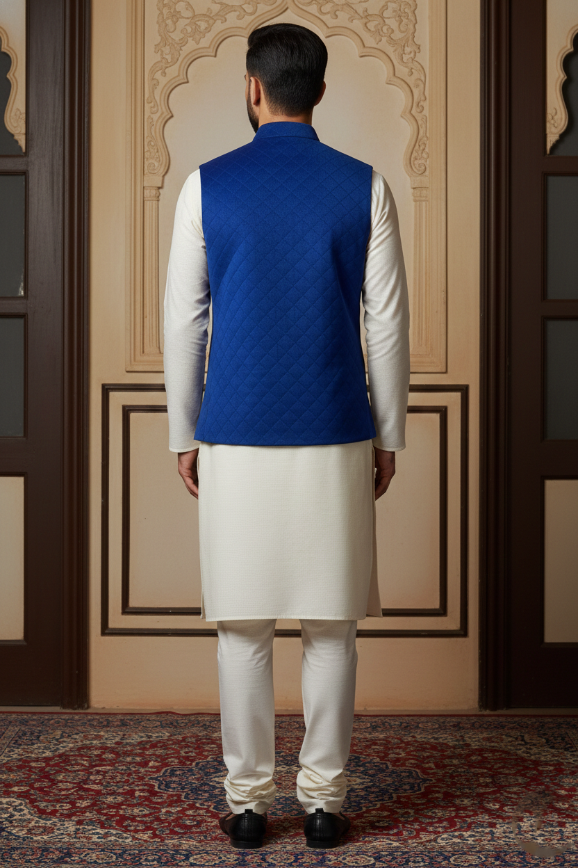 Men’s Royal Blue Quilted Velvet Nehru Jacket