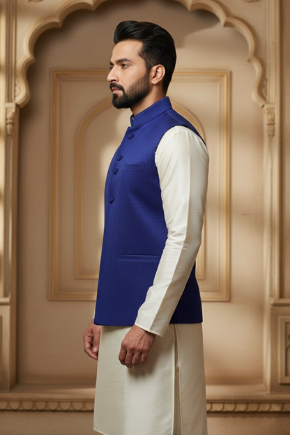 Royal Blue Nehru Jacket with Cream Kurta Set