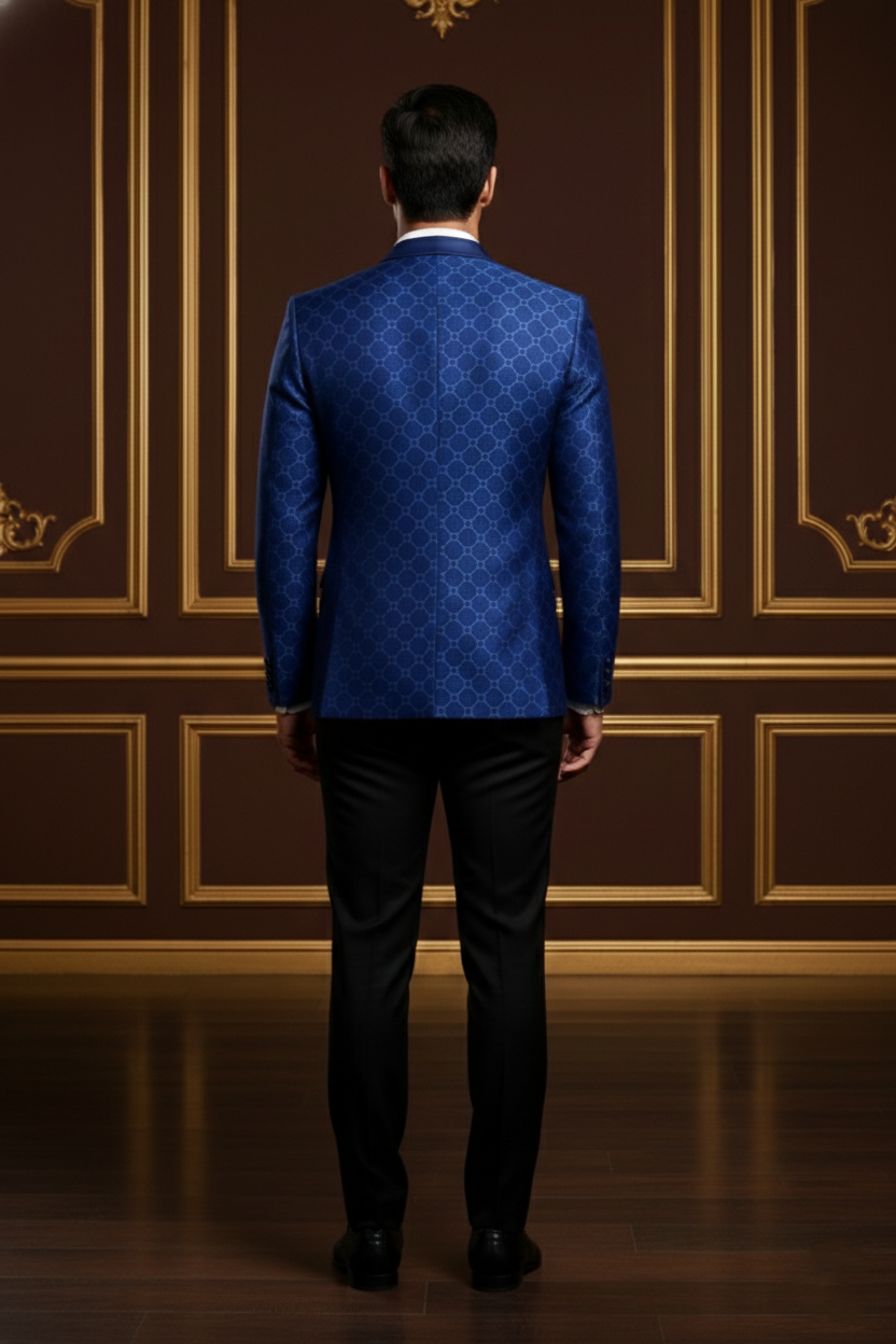 Royal Blue Geometric Jacquard Tuxedo Blazer with Satin Notch Lapels