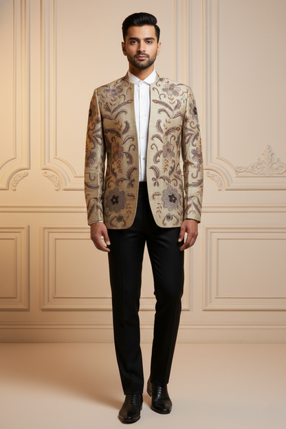 Men'sPremium Champagne Gold Jacquard Silk Blazer