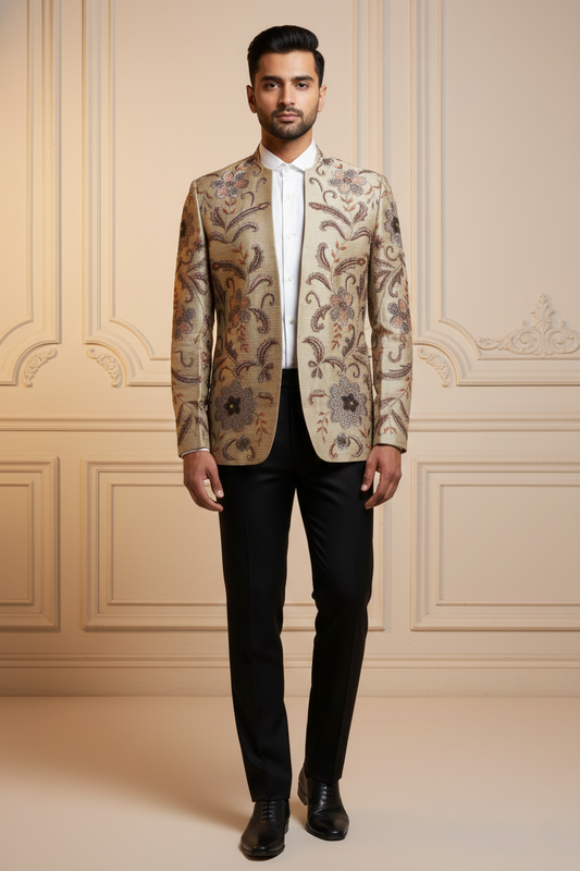 Men'sPremium Champagne Gold Jacquard Silk Blazer
