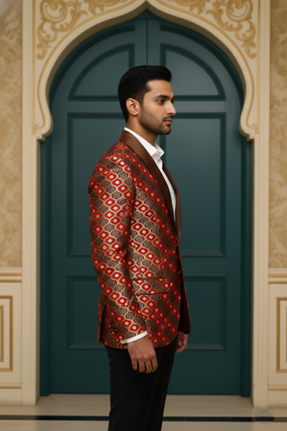 Men's Red and Gold Brocade Tuxedo Blazer , Ethnic Geometric Jacquard Wedding Jacket