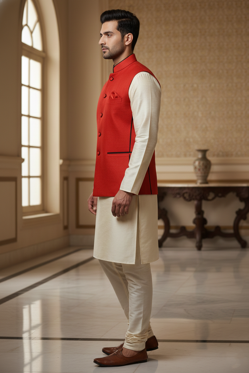 Bright Red Nehru Jacket with Cream Kurta Set