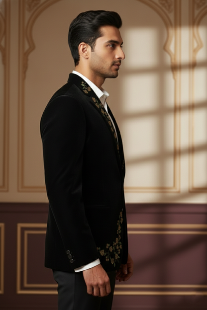 Men'sBlack Velvet Floral Embroidered Blazer