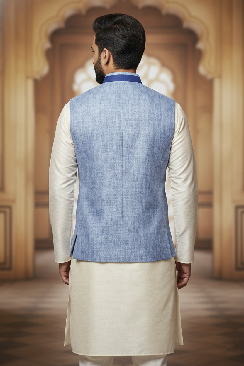 Light Blue Nehru Jacket with Cream Kurta Set