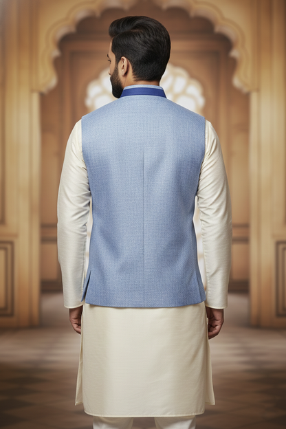 Light Blue Nehru Jacket with Cream Kurta Set