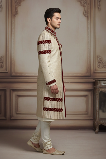 Men'sIvory & Maroon Embroidered Sherwani