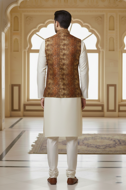 Men’s Brown Printed Nehru Jacket Kurta  Pajama