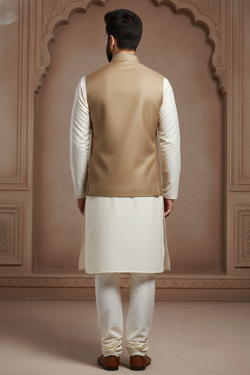 Men’s Sophisticated Beige Gold Nehru Jacket with Contrast Piping