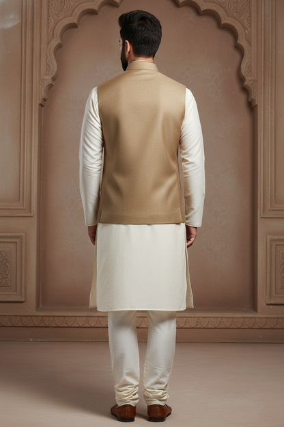 Men’s Sophisticated Beige Gold Nehru Jacket with Contrast Piping