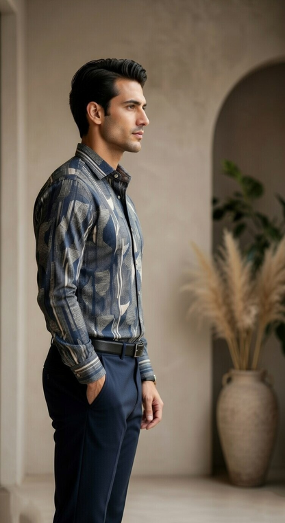 Designer Men'sAbstract Geometric Print Shirt , Modern Slate & Charcoal Art-Deco Motif