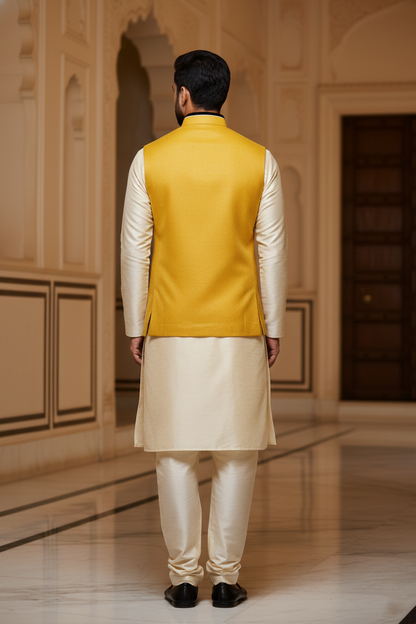 Mustard Yellow Nehru Jacket with Cream Kurta Set