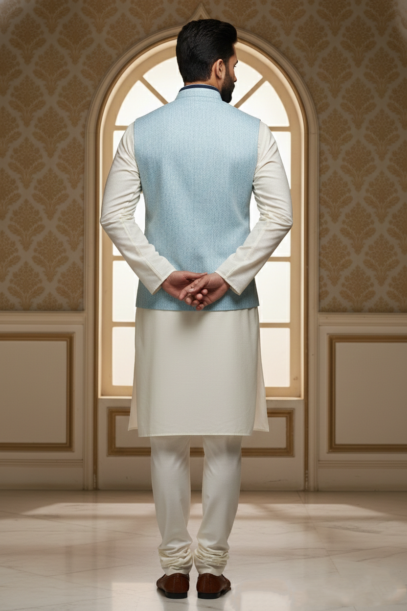 Men’s Light Blue Nehru Jacket with Navy Contrast Piping | Ethnic Waistcoat