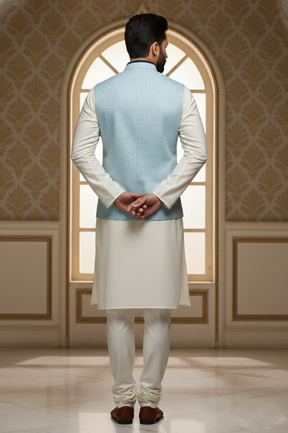 Men’s Light Blue Nehru Jacket with Navy Contrast Piping | Ethnic Waistcoat