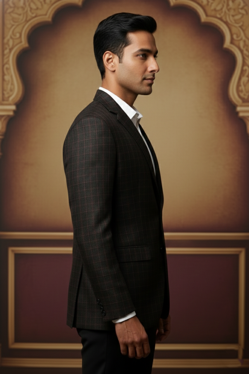 Men's Slim Fit Windowpane Check Blazer - Charcoal Grey & Rust Plaid Sport Coat - Formal Jacket for Weddings and Business
