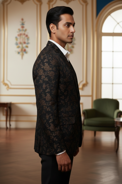 Black Double-Breasted Floral Blazer with Notched Lapel