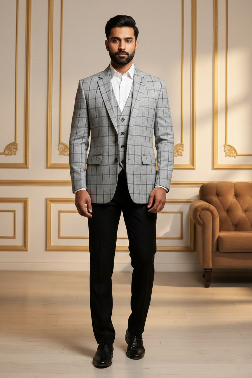 Men'sLight Grey Windowpane Check Slim-Fit Blazer