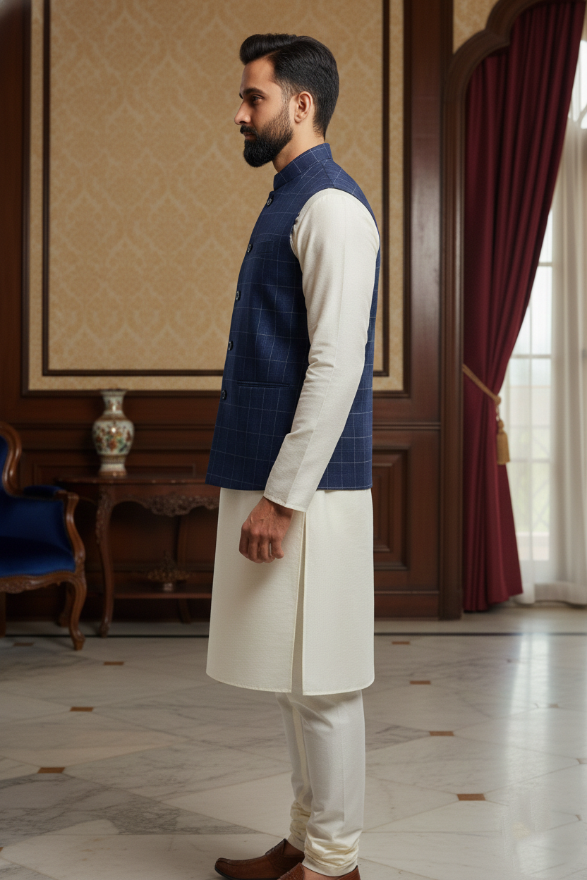 Men’s Blue Nehru Jacket with White Contrast Piping & Pocket Square | Ethnic Waistcoat