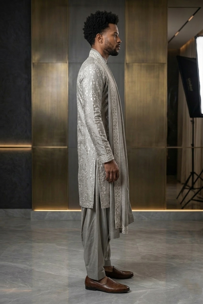 Men'sSilver Silk Designer Kurta Pajama with Stole