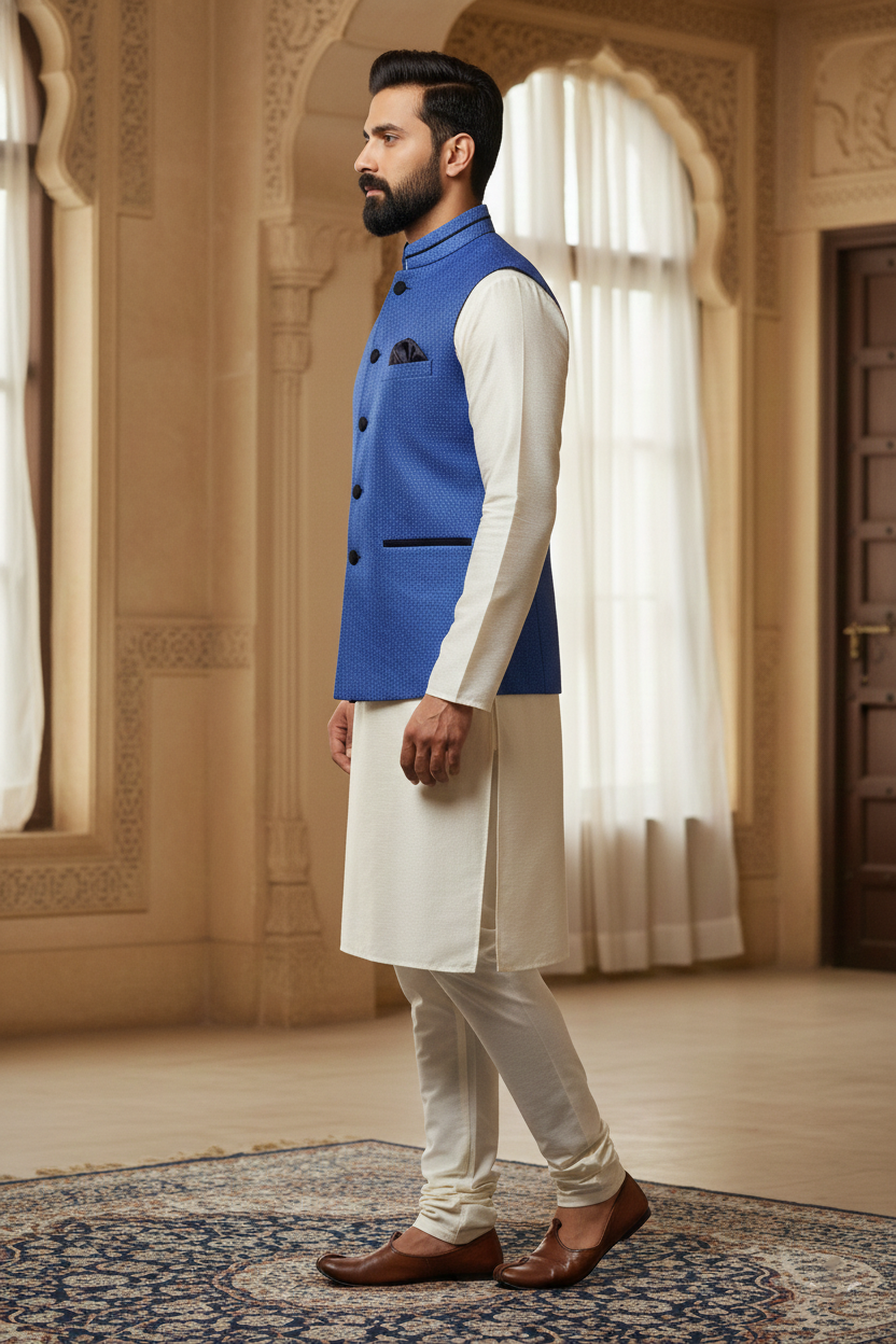 Royal Blue Nehru Jacket with Cream Kurta Set