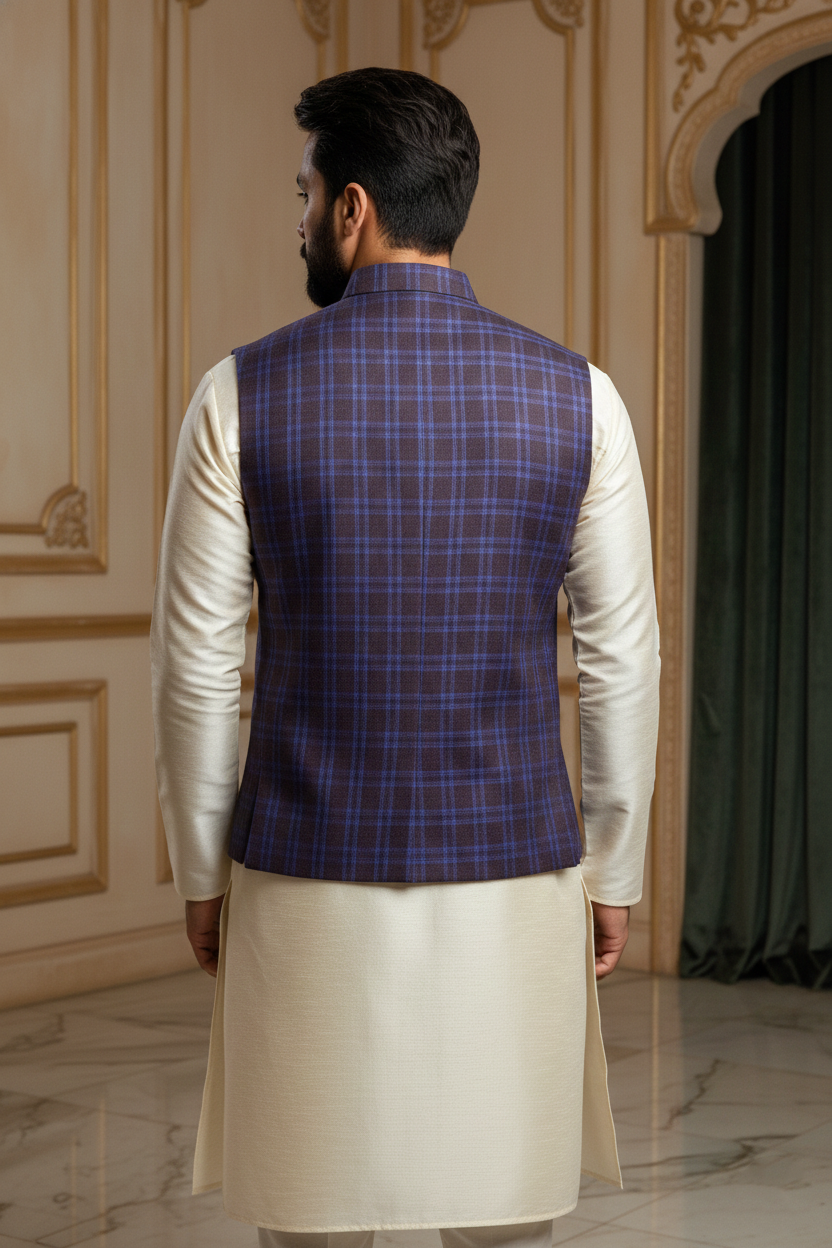 Blue & Purple Checkered Nehru Jacket with Cream  Kurta Set