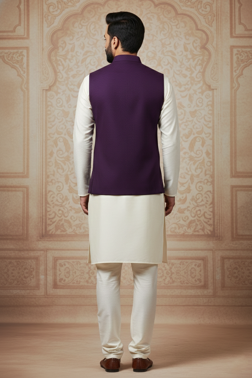Deep Purple Nehru Jacket with Cream Kurta Set