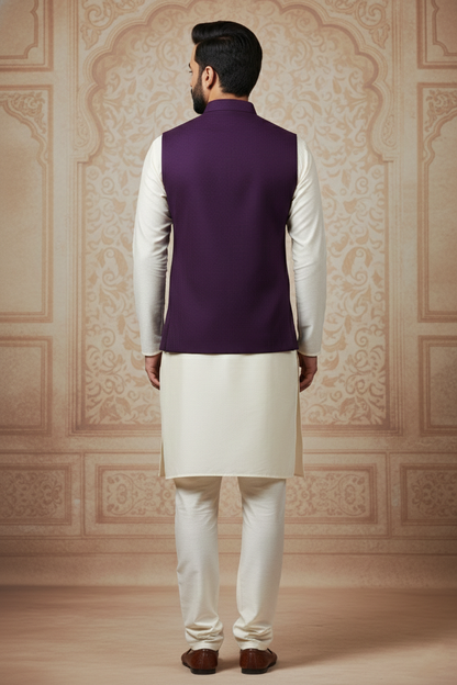 Deep Purple Nehru Jacket with Cream Kurta Set