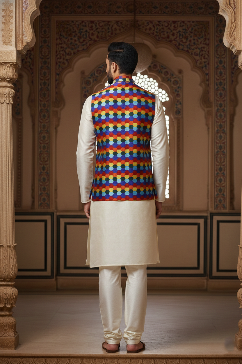 Men’s Multicolor Printed Nehru Jacket with Ivory Kurta