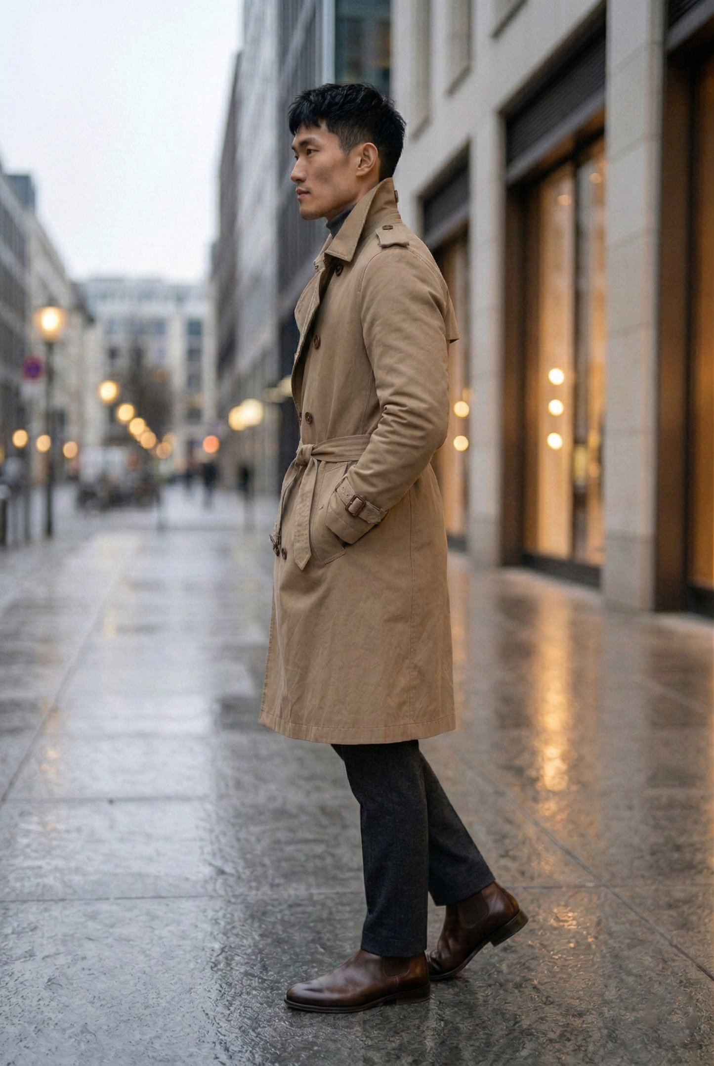 Classic Beige Double-Breasted Long Trench Coat with Belt