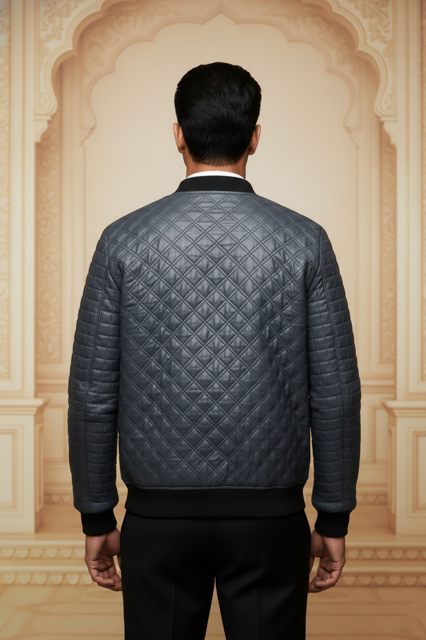 Men's Premium Grey Quilted Bomber Jacket , Diamond-Stitch taffeta fabric Casual Outerwear