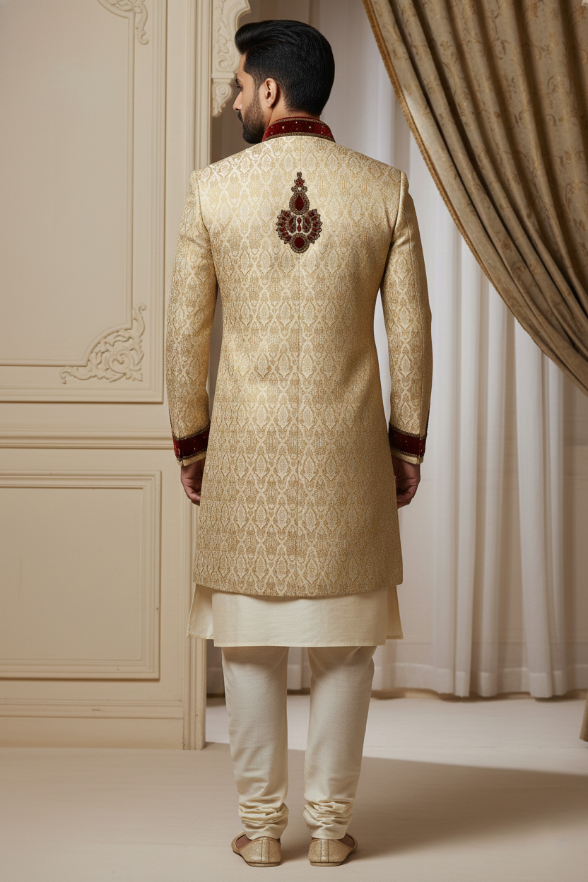 Regal Cream Sherwani with Velvet Accents